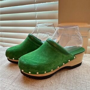 M.Gemi Green Suede Studded Wooden Platform Clogs Made in Italy Womens 36.5